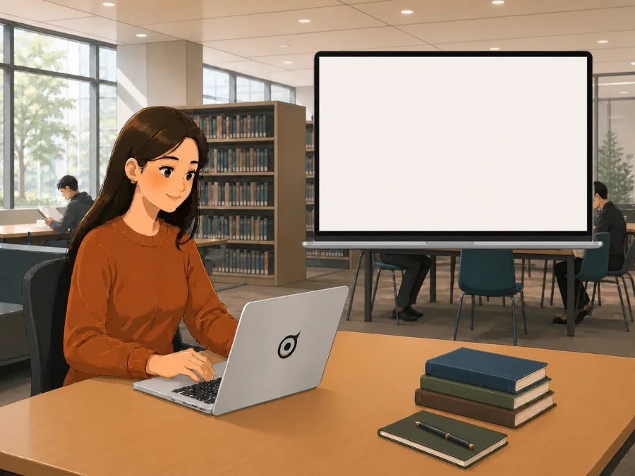 上午十点的图书馆：一位女生在长桌前用笔记本电脑学习，桌上摆着几本书和笔记本；旁边放大的电脑屏幕上是左右分栏的学习工作台，左边是讲义，右边的笔记正一条条写长