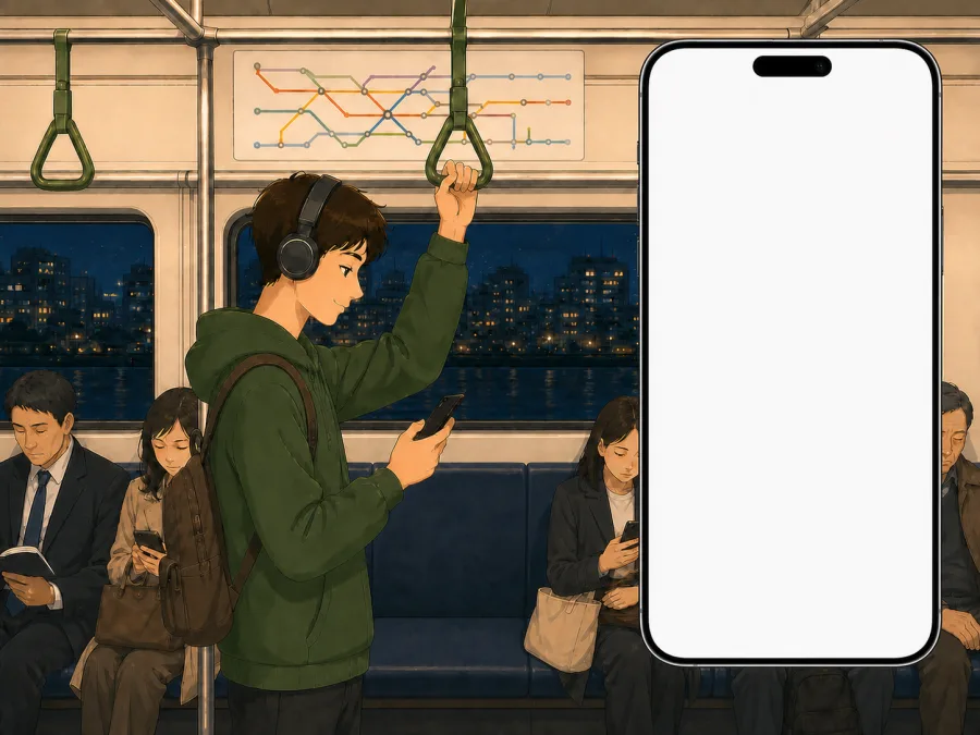夜里九点的地铁车厢：一位戴头戴式耳机的男生拉着吊环、低头看手机；旁边放大的手机屏幕上，一组选择题里有一道选错并被标记为明日复盘